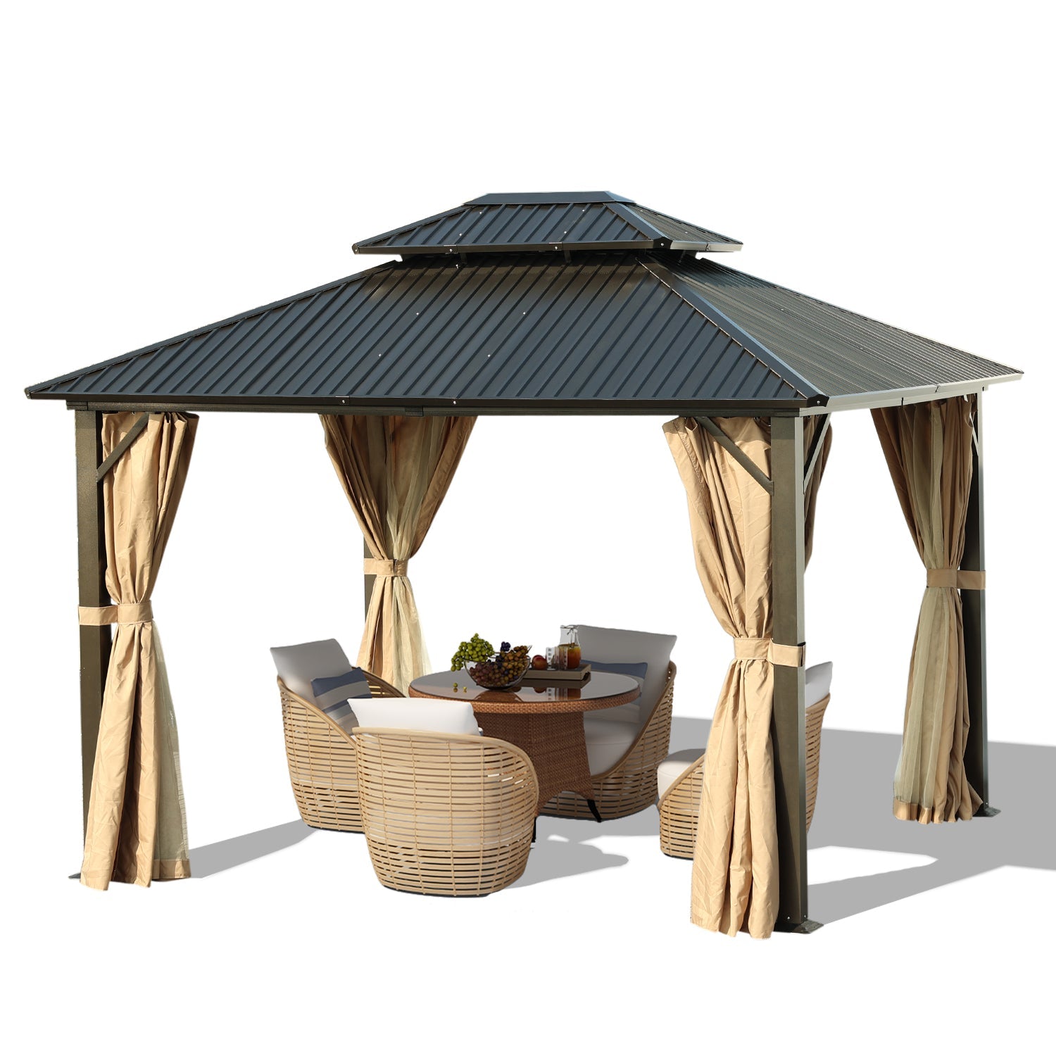 12 x 10 ft. Aluminum Frame Hardtop Roof Gazebo, Outdoor Patio 2-Tier Metal Roof Gazebo with Mosquito Netting and Curtains, Suitable for Patios, Garden and Backyard - Black - Aoodor